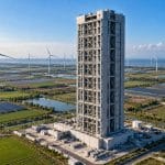 AI illusztráció egy magas gravitációs energiatároló toronyról, szélerőművek és napelemparkok között