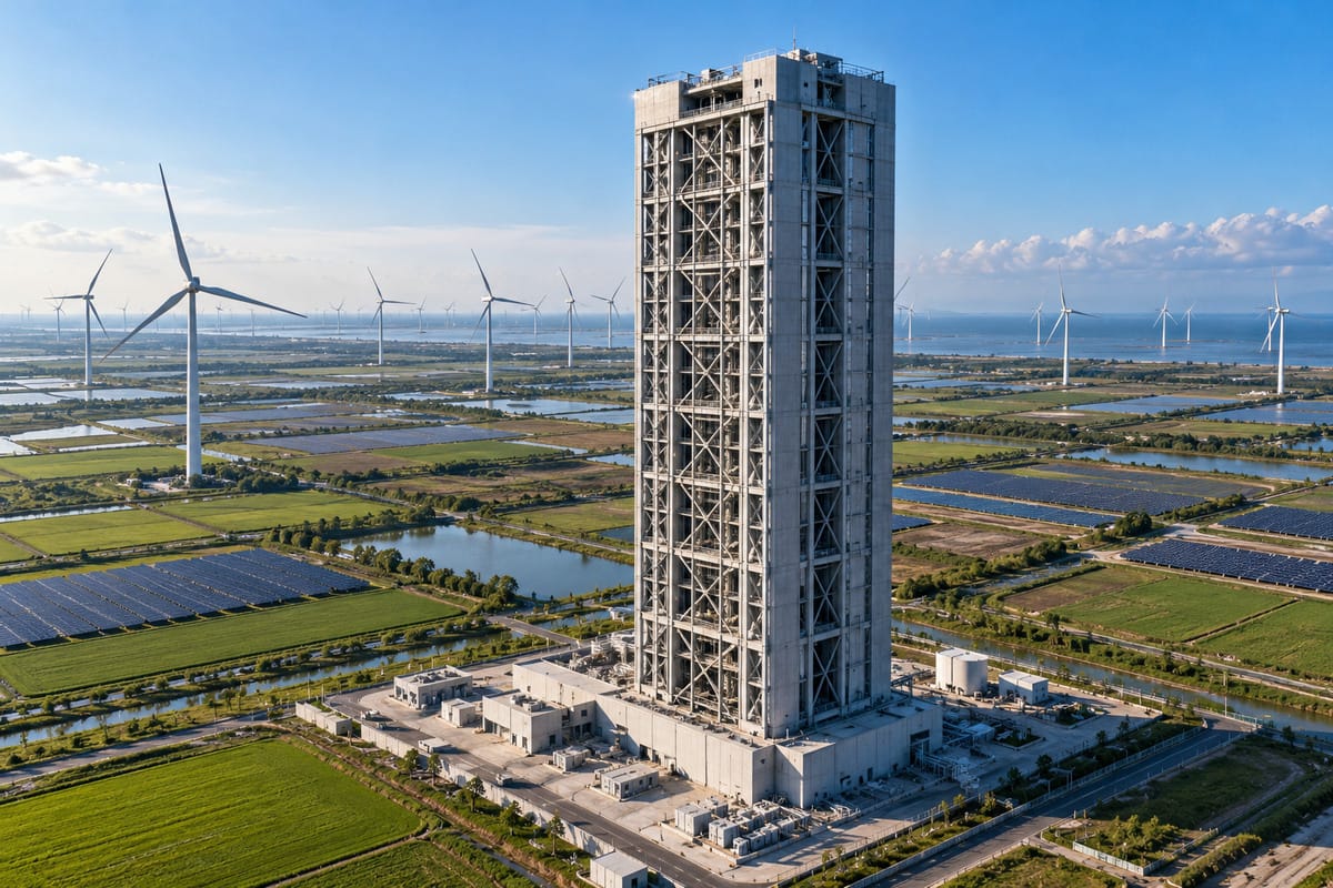 AI illusztráció egy magas gravitációs energiatároló toronyról, szélerőművek és napelemparkok között